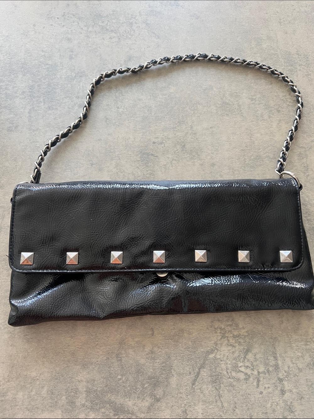 le chateau Black Patent Studded Chain-Handle Clutch